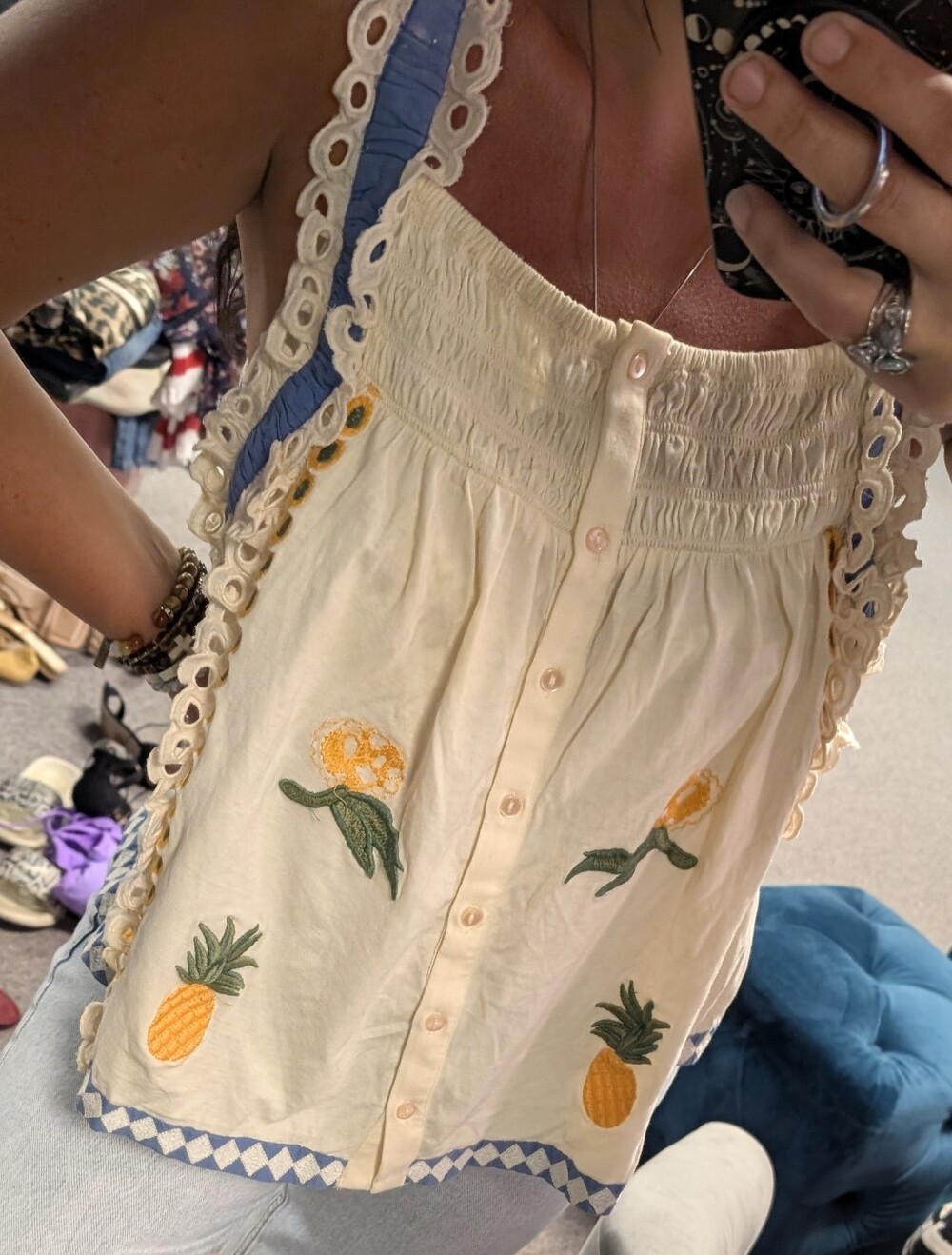 Cream Embroidered Pineapple Button-Front Tank Top with Blue Trim - Picture 9 of 11
